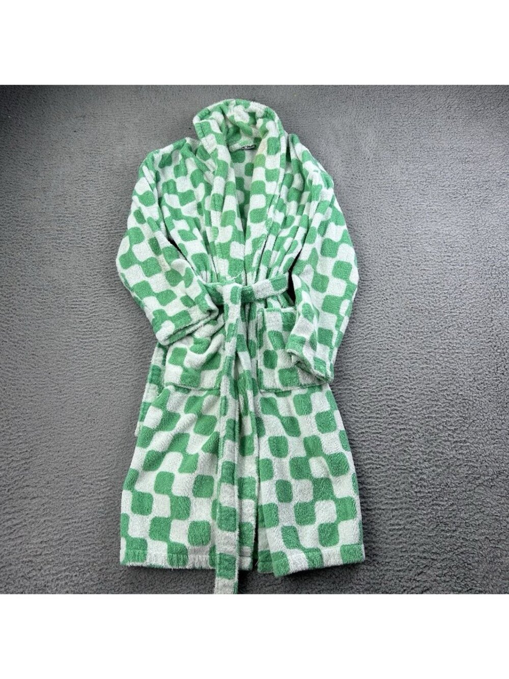 DUSEN DUSEN Geometric Pattern Robe Tie Front Terry Cloth White Green Size Small